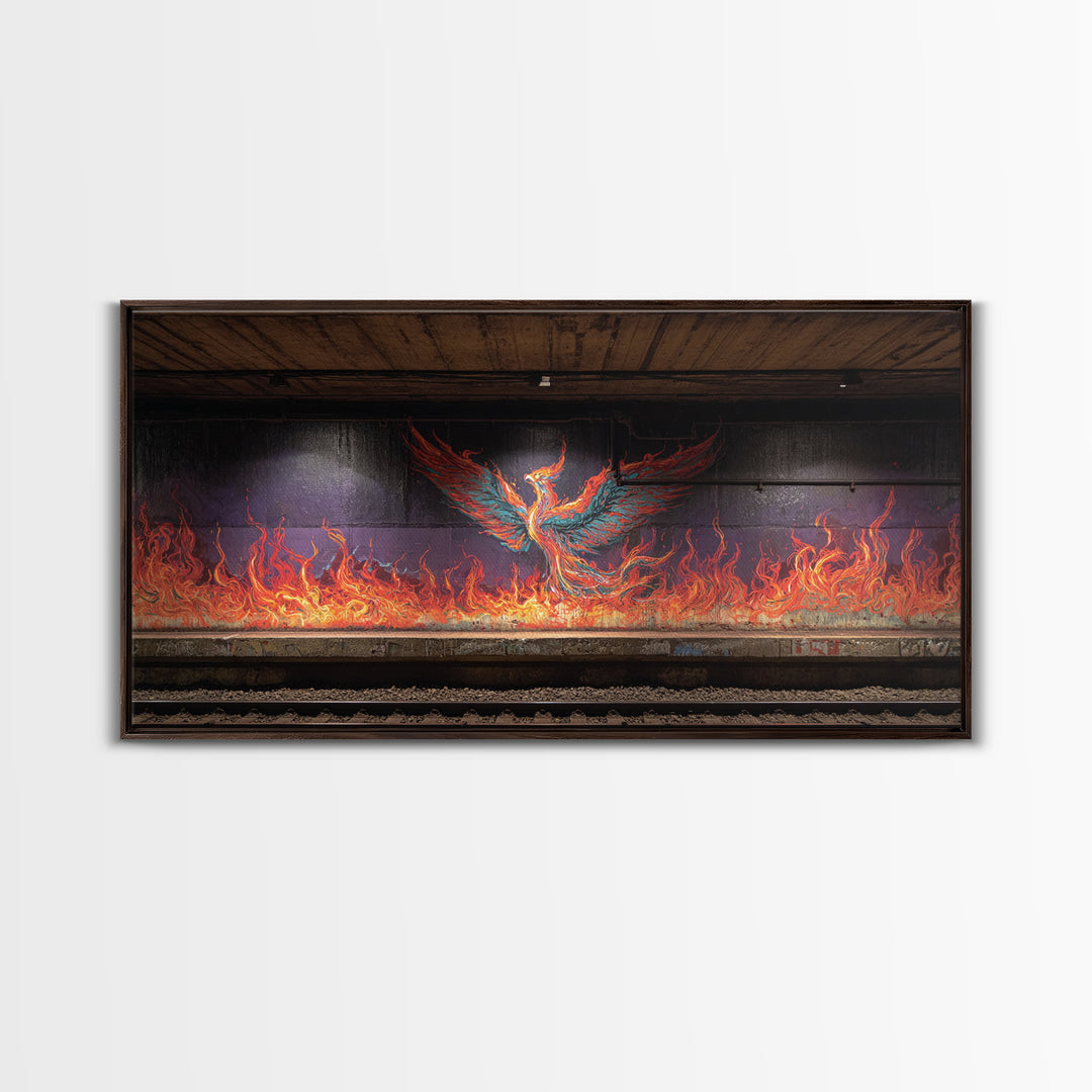Fiery Phoenix Graffiti In Subway Tunnel Wall Art, Urban Street Art Canvas Print, Bold Industrial Decor, Modern Home Gift