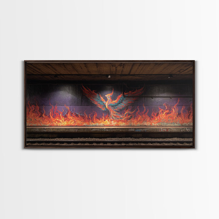 Fiery Phoenix Graffiti In Subway Tunnel Wall Art, Urban Street Art Canvas Print, Bold Industrial Decor, Modern Home Gift