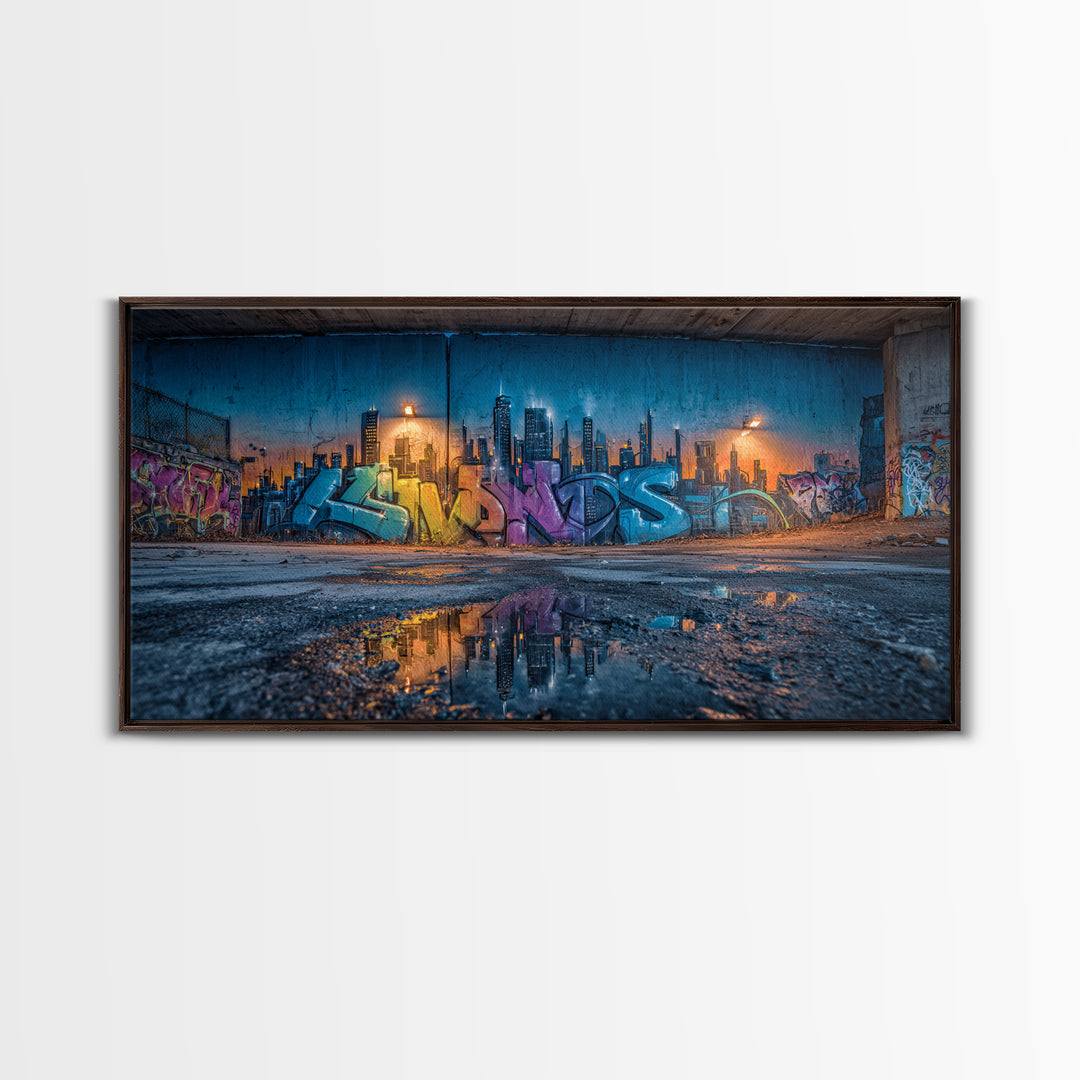 Rainy Urban Graffiti Skyline Wall Art, Street Art Canvas Print, Cyberpunk City Decor, Industrial Office Wall Decor, Modern Home Decor