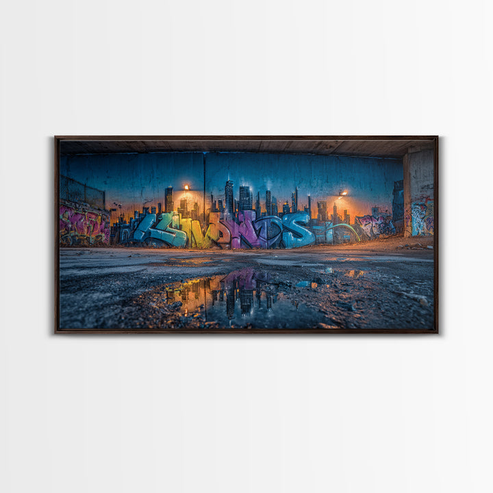 Rainy Urban Graffiti Skyline Wall Art, Street Art Canvas Print, Cyberpunk City Decor, Industrial Office Wall Decor, Modern Home Decor