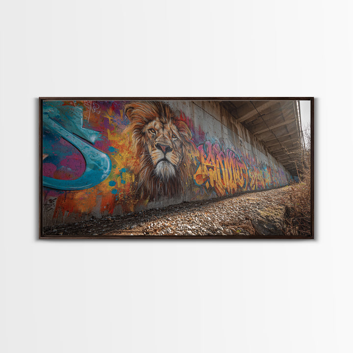 Lion Graffiti Underpass Canvas Print, Urban Street Art Wall Art, Colorful Wildlife Decor, Big Cat Mural Photography Print