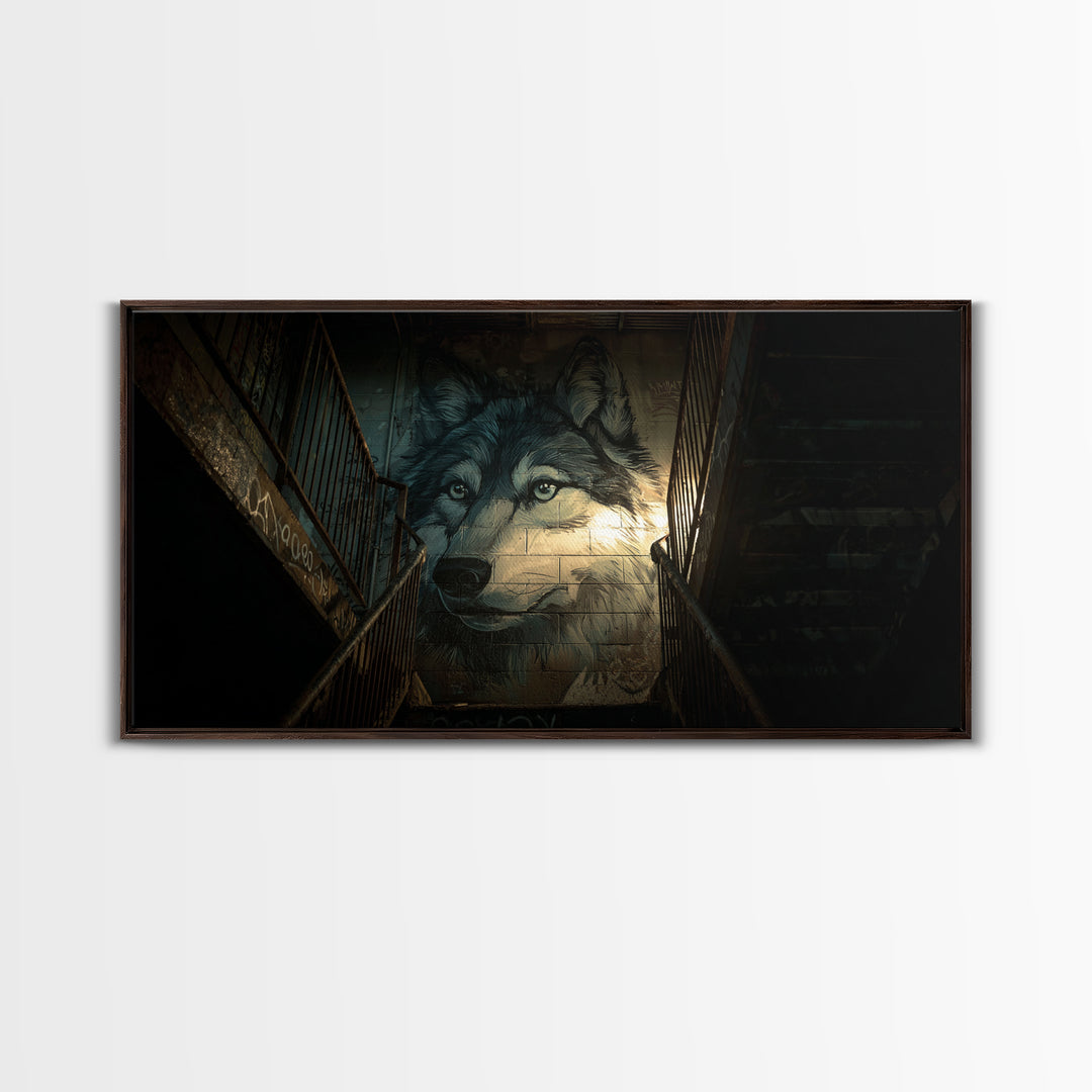 Dark Wolf Mural Stairwell Wall Art, Urban Animal Canvas Decor, Moody Graffiti Print, Masculine Office Decor Housewarming Gift For Him