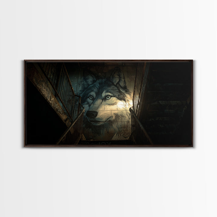 Dark Wolf Mural Stairwell Wall Art, Urban Animal Canvas Decor, Moody Graffiti Print, Masculine Office Decor Housewarming Gift For Him
