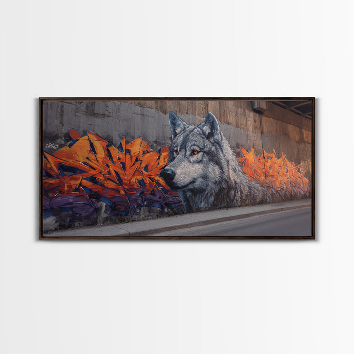 Gray Wolf Graffiti Mural Wall Art, Wildlife Street Canvas Print, Orange Urban Decor, Wolf Lover Gift, Modern Loft Apartment