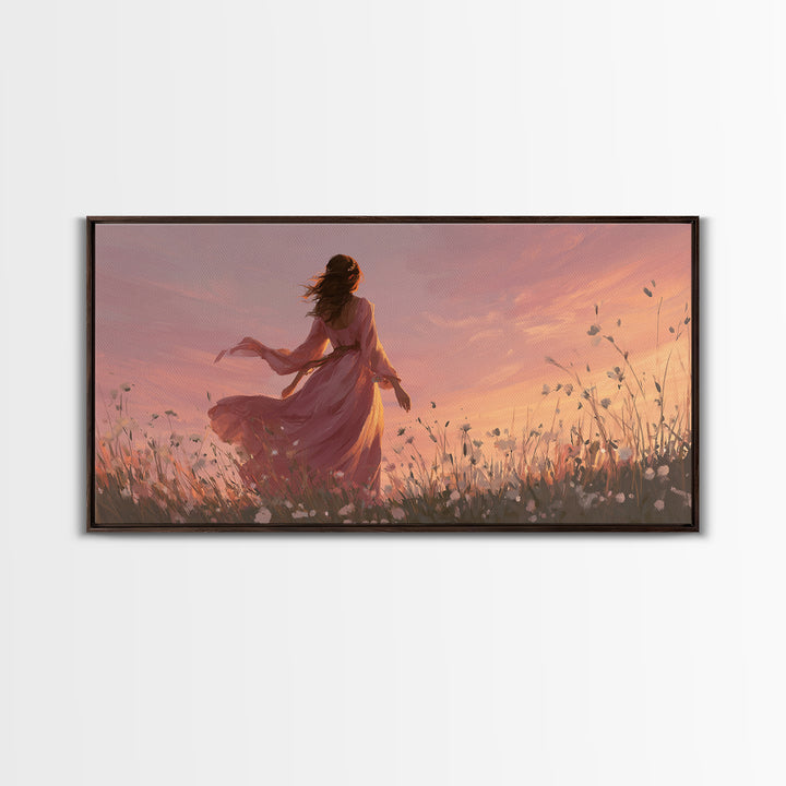 Woman In Pink Dress Sunset Meadow Canvas Print, Romantic Wall Art, Feminine Floral Decor, Dreamy Bedroom Living Room Art Gift For Her