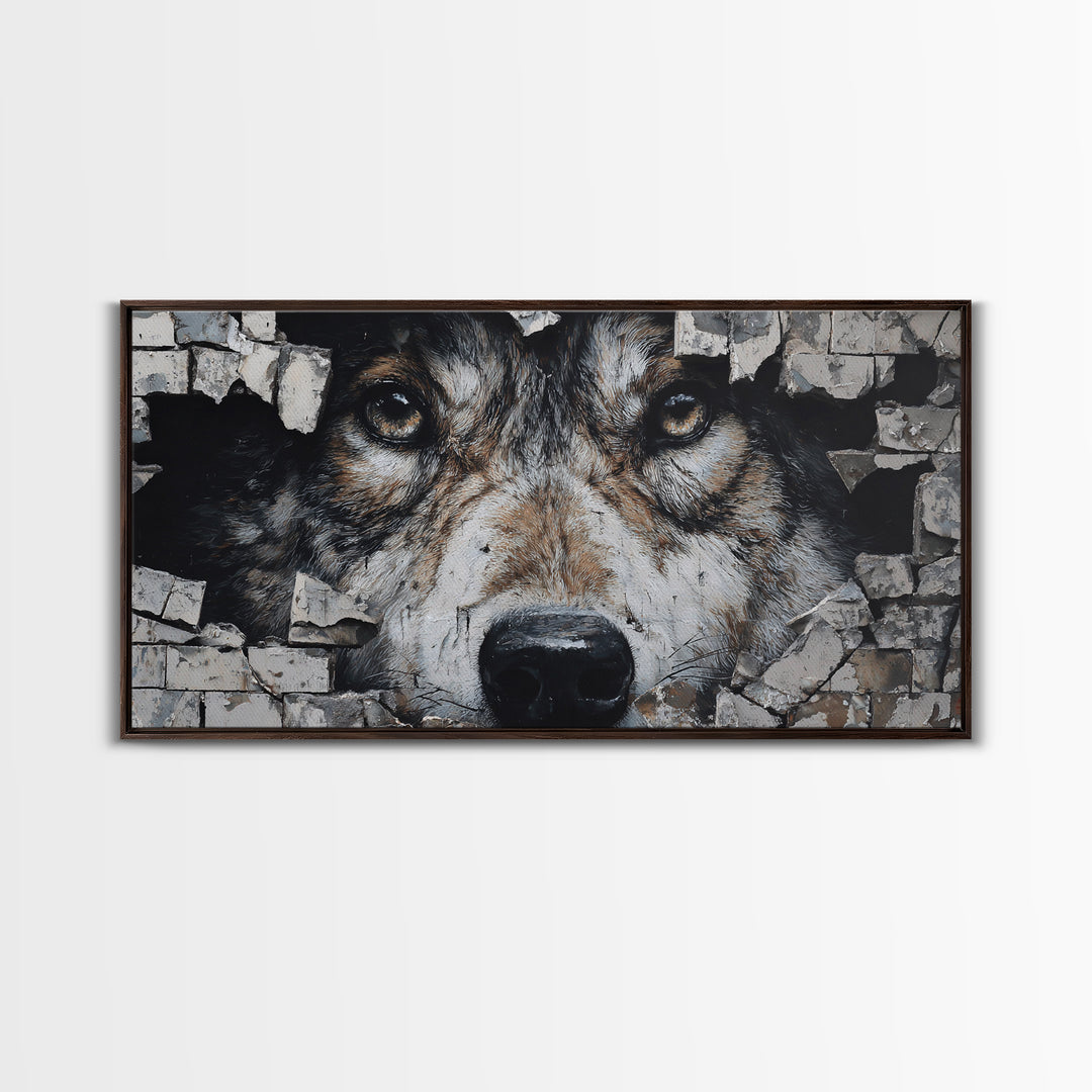 Wolf Dog Peeking Through Brick Wall Art, Rustic Animal Canvas Print, Wildlife Decor, Pet Lover Gift For Cabin Or Office Decor