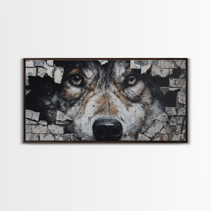 Wolf Dog Peeking Through Brick Wall Art, Rustic Animal Canvas Print, Wildlife Decor, Pet Lover Gift For Cabin Or Office Decor