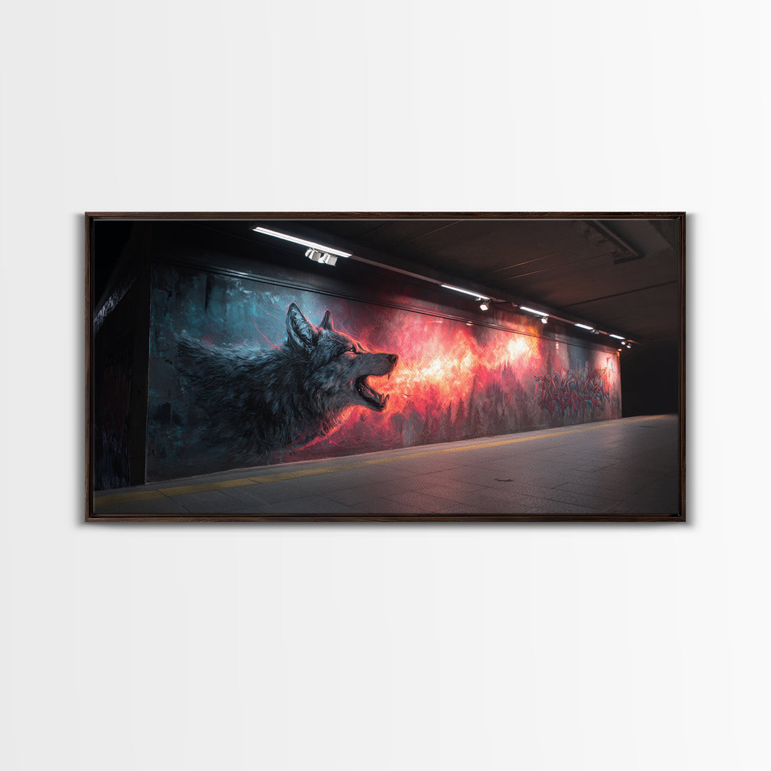 Howling Wolf Graffiti Tunnel Mural Wall Art, Urban Street Art Print, Dark Fantasy Decor, Edgy Man Cave Canvas For Living Room Decor