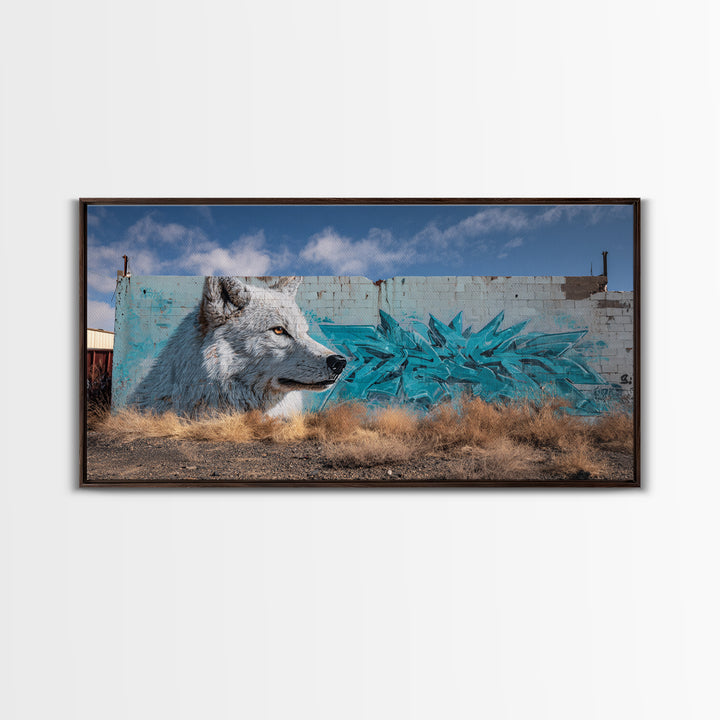 White Wolf Graffiti Mural On Weathered Wall Art, Urban Wildlife Canvas Print, Southwestern Street Decor, Animal Lover Gift