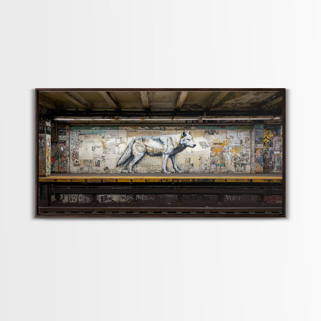 White Wolf Subway Graffiti Wall Art, Urban Animal Canvas Print, Gritty Street Art For Loft Office And Man Cave Decor Gift