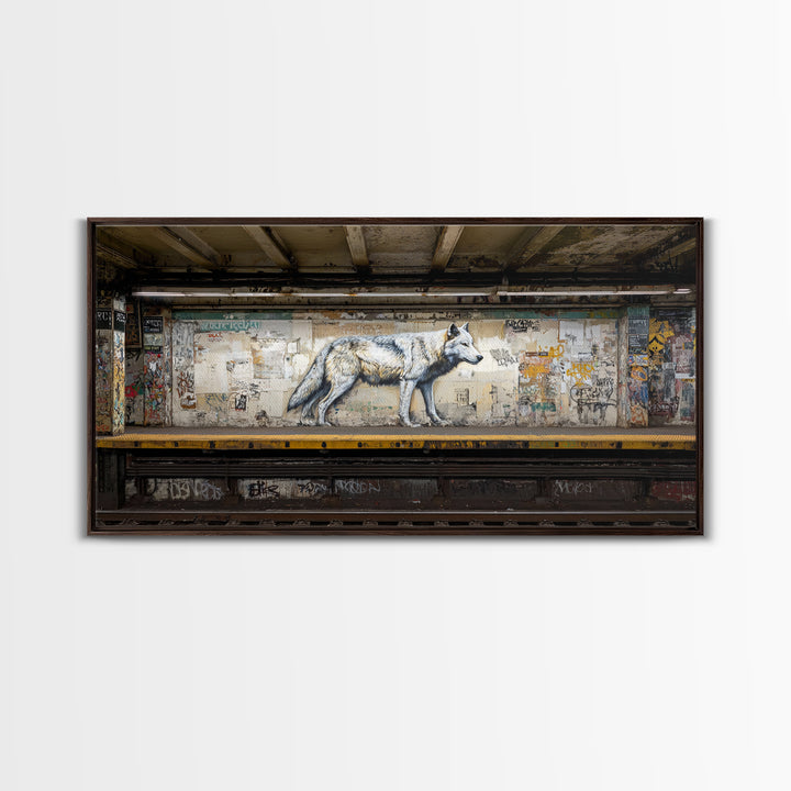 White Wolf Subway Graffiti Wall Art, Urban Animal Canvas Print, Gritty Street Art For Loft Office And Man Cave Decor Gift