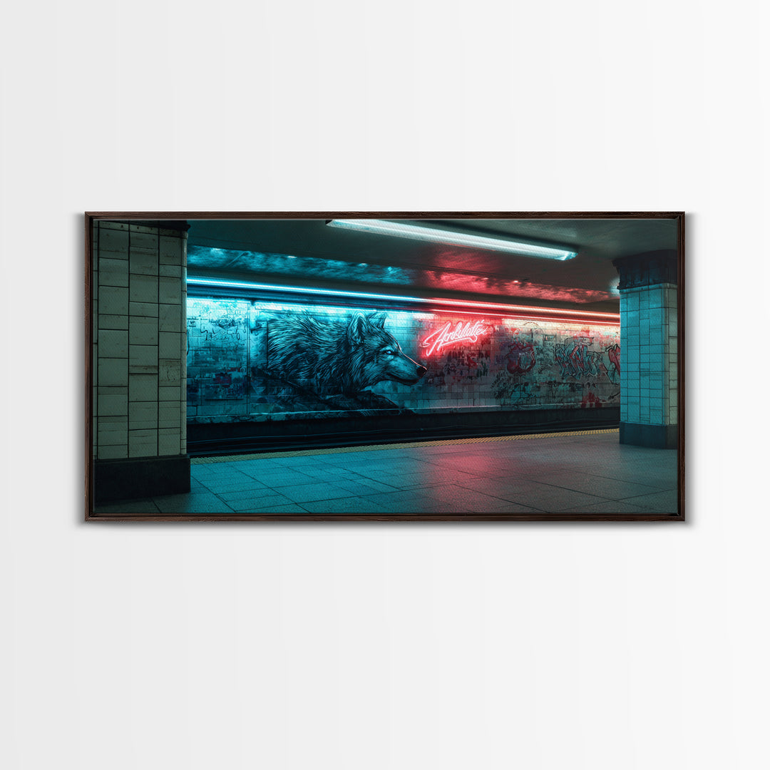 Neon Wolf Mural In Subway Station Wall Art, Urban Animal Street Art Print, Blue Red Graffiti Decor For Modern Loft Home Decor