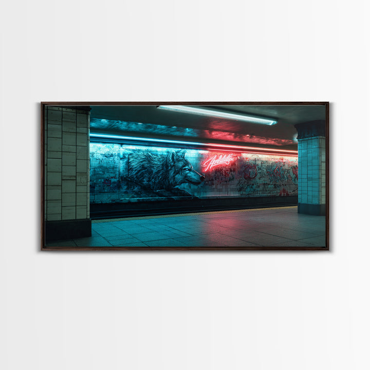 Neon Wolf Mural In Subway Station Wall Art, Urban Animal Street Art Print, Blue Red Graffiti Decor For Modern Loft Home Decor