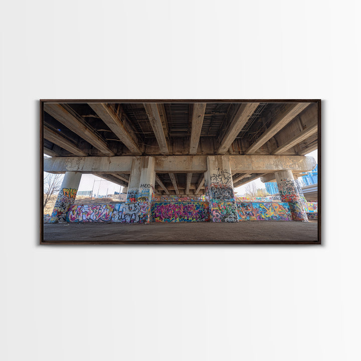Colorful Graffiti Under Urban Bridge Wall Art, Street Art Photography Print, Modern Office Decor, Industrial City Poster