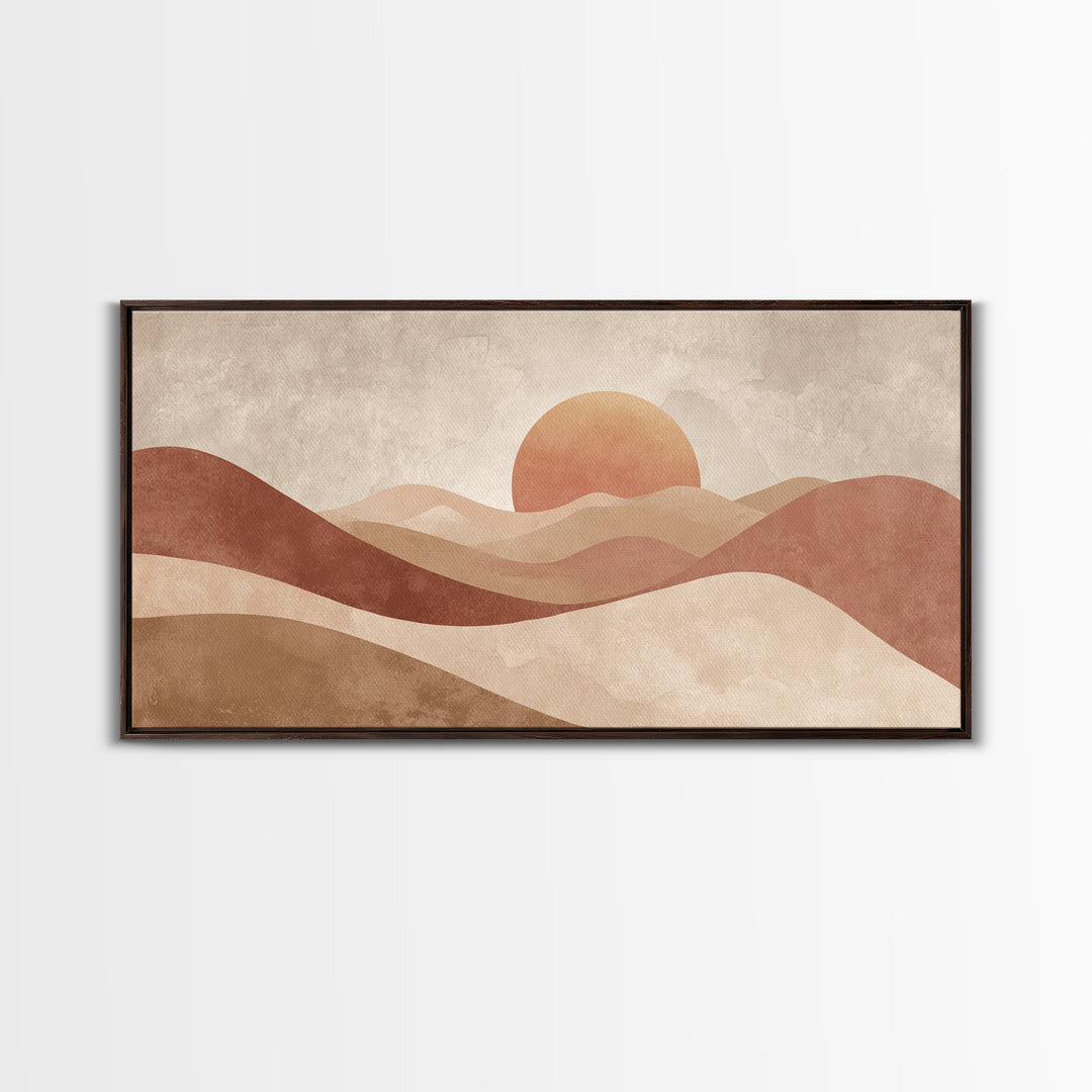 Minimalist Desert Sun And Dunes Canvas Print, Earth Tone Wall Art, Neutral Landscape Decor, Large Boho Living Room Art Print