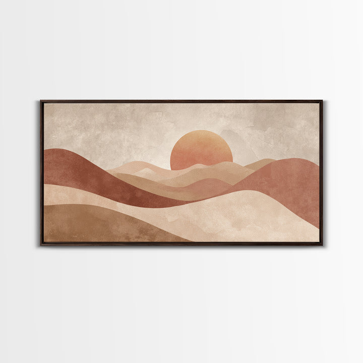 Minimalist Desert Sun And Dunes Canvas Print, Earth Tone Wall Art, Neutral Landscape Decor, Large Boho Living Room Art Print