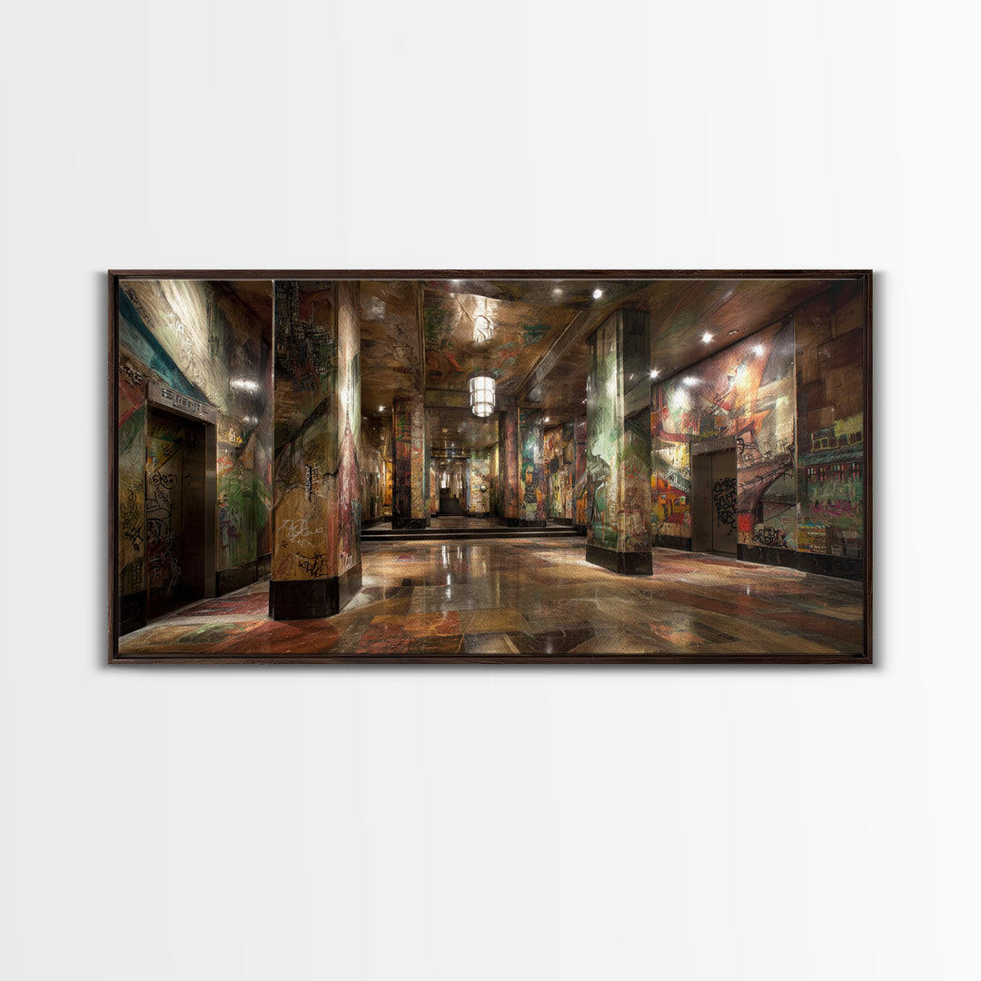 Graffiti Covered Underground Corridor Wall Art, Industrial Urban Canvas Print, Street Art Decor, Edgy Office Wall Decor