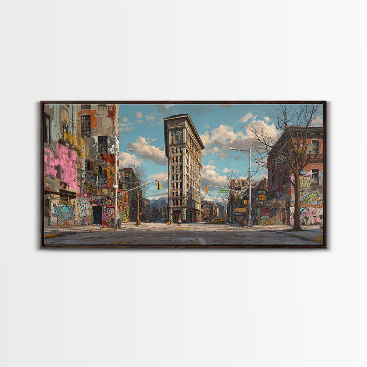 Flatiron City Street Wall Art, Urban Landscape Canvas Print, Graffiti Building Decor, New York Style Apartment Gift For Him