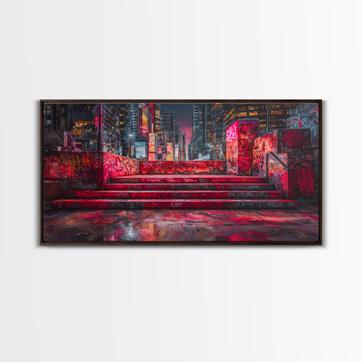 Neon Graffiti City Steps Wall Art, Cyberpunk Urban Street Art Print, Red Futuristic Decor For Gaming Room Or Loft Apartment Home Decor