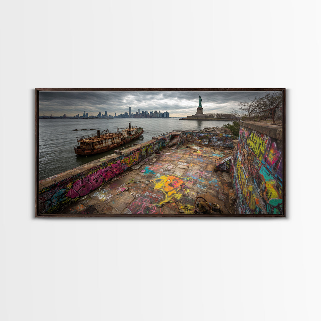 Statue Of Liberty Graffiti Pier Cityscape Wall Art, New York Travel Poster Canvas Print, Urban Coastal Decor, Gift For Him