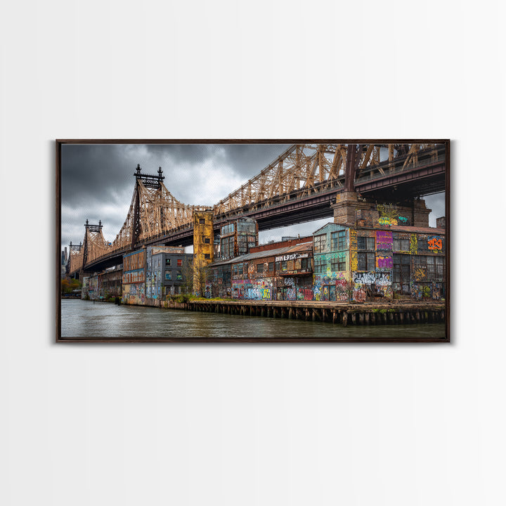 Graffiti Covered City Bridge Waterfront Framed Canvas Print, Urban Wall Art, NYC Art Print, Industrial Office Decor, Travel Poster