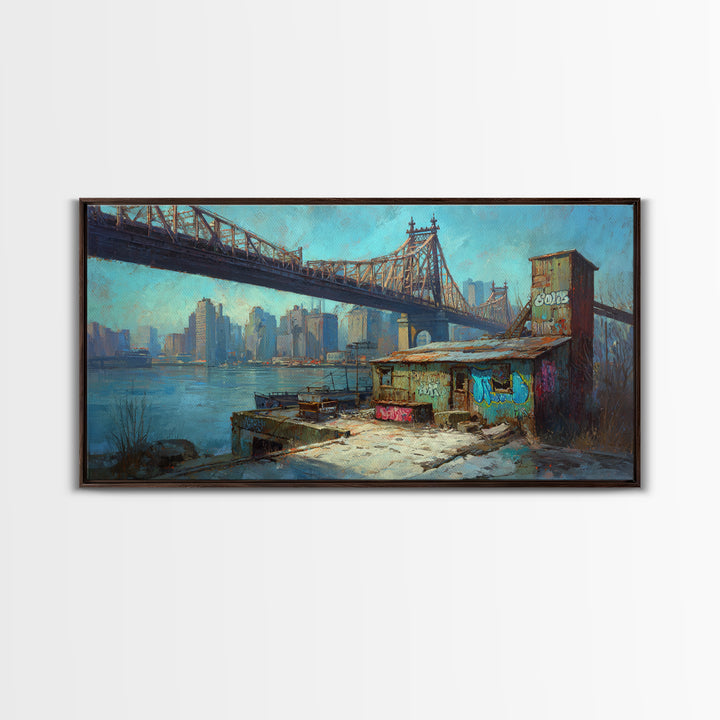 Queensboro Bridge Urban Waterfront Wall Art, NYC Cityscape Canvas Print, Industrial Loft Decor For Office And Living Room Decor