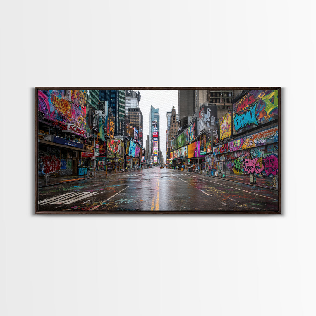 Rainy Neon Graffiti City Street Wall Art, Urban Canvas Print, New York Poster, Street Art Decor, Modern Office Decor, Gift For Him