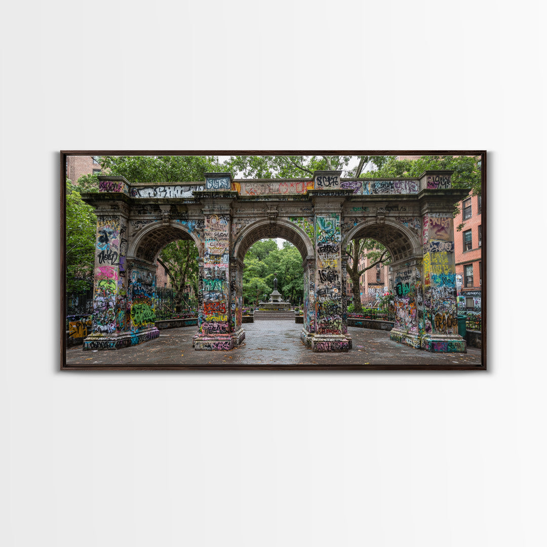 Graffiti Covered Stone Arch Wall Art, Urban Park Framed Canvas Print, NYC Street Art, Eclectic Apartment Decor Gift For Him