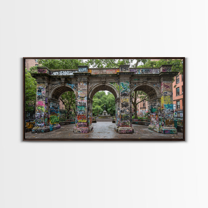 Graffiti Covered Stone Arch Wall Art, Urban Park Framed Canvas Print, NYC Street Art, Eclectic Apartment Decor Gift For Him