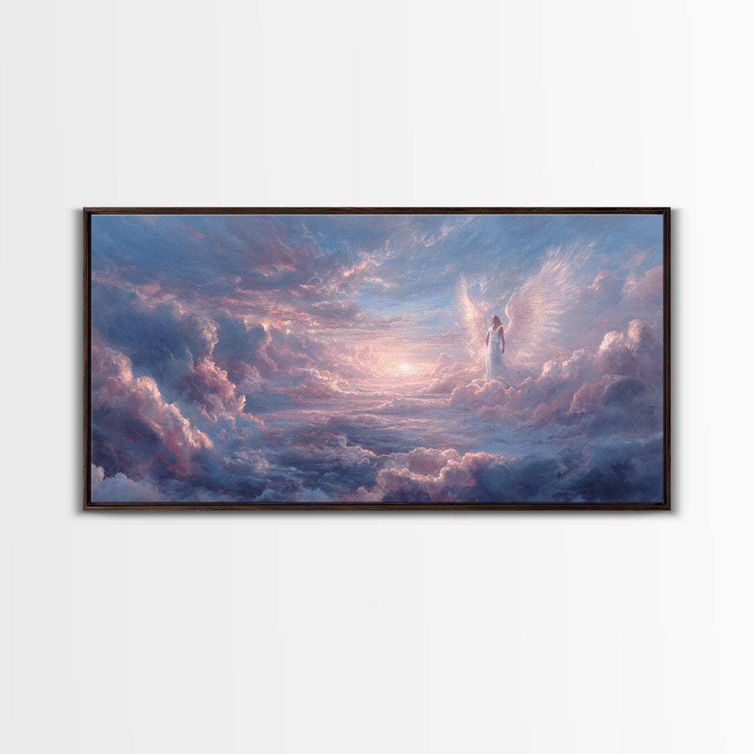 Angel In Pastel Heaven Clouds Framed Canvas Print, Dreamy Celestial Wall Art, Spiritual Sky Home Decor, Serene Gift For Her