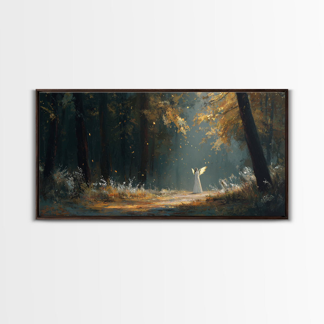White Figure In Sunlit Autumn Forest Wall Art, Fantasy Landscape Print, Dark Woodland Decor, Mystical Nature Painting, Fine Art Print