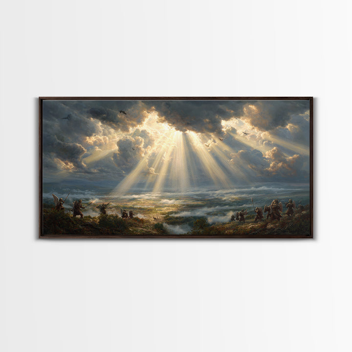 Heavenly Battlefield Canvas Print, Angelic Sun Rays Wall Art, Epic Soldiers Landscape, Christian Home Decor For Living Room