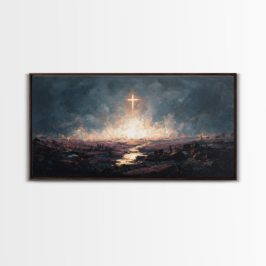 Glowing Cross Over Stormy Battlefield Framed Canvas Print, Christian Wall Art, Dramatic Faith Decor, Prayer Room Gift Idea