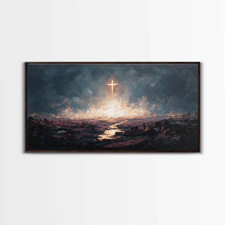 Glowing Cross Over Stormy Battlefield Framed Canvas Print, Christian Wall Art, Dramatic Faith Decor, Prayer Room Gift Idea