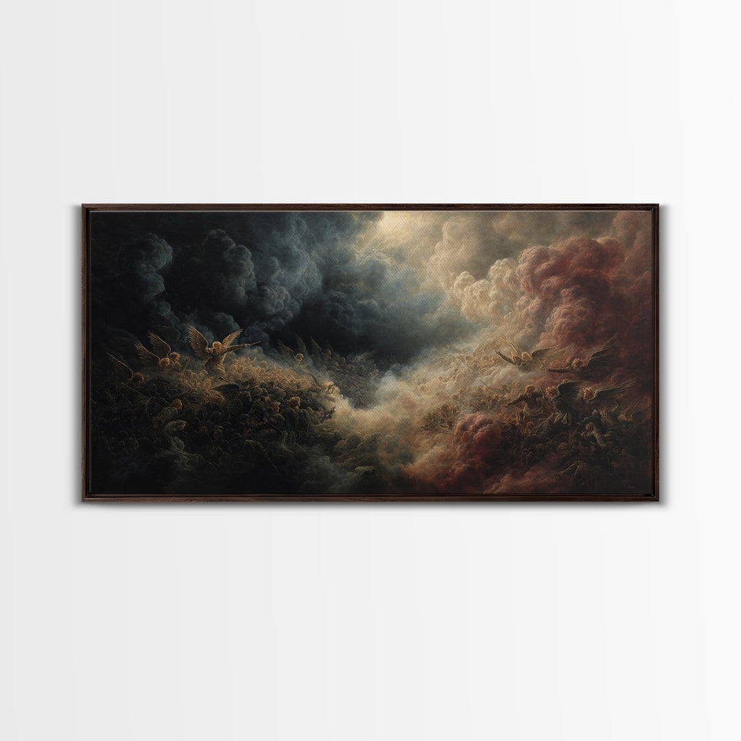 Dark Angel Battle In Storm Clouds Wall Art, Biblical Fantasy Painting, Dramatic Gothic Decor, Religious Fine Art Print Gift