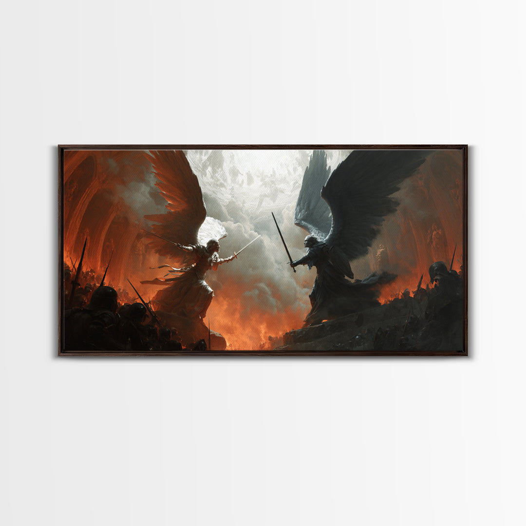 Angels And Demons Battle Wall Art, Dark Fantasy Framed Canvas Print, Epic Gothic Decor For Game Room Or Man Cave Wall Decor