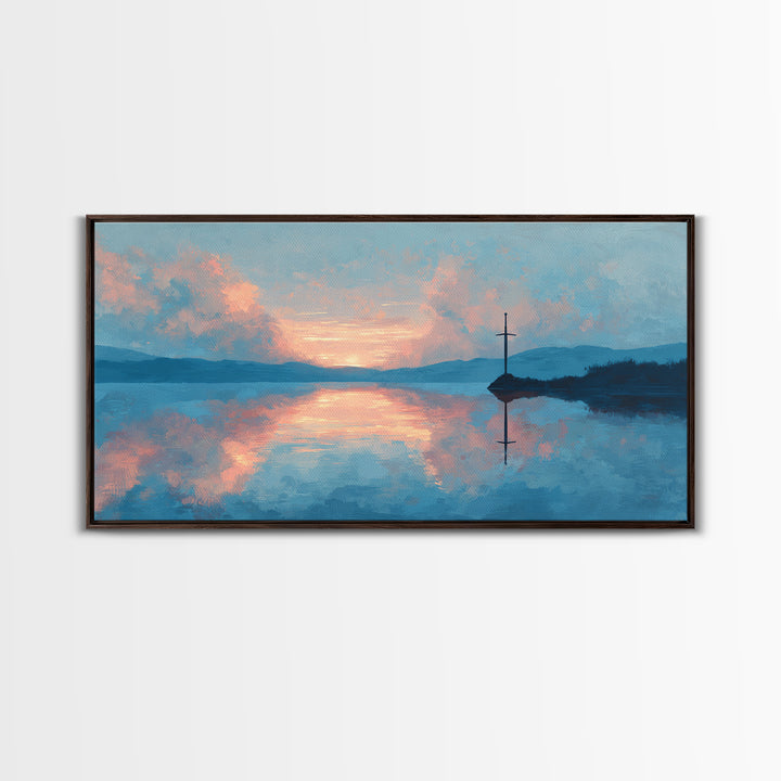 Pastel Lake Sunrise With Quiet Cross Wall Art, Landscape Painting, Christian Wall Decor, Calming Bedroom Art, Nature Gift