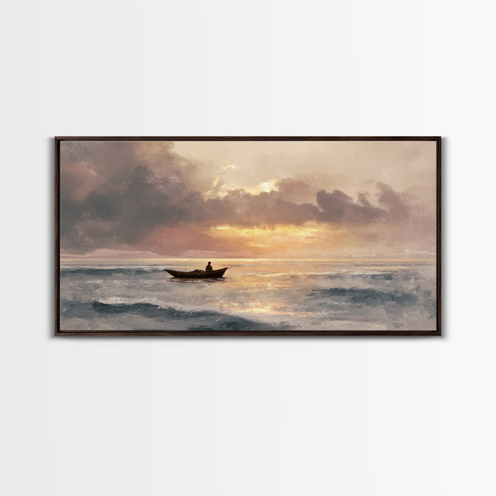 Solitary Fishing Boat At Golden Sunrise Canvas Print, Coastal Wall Art, Ocean Painting, Seascape Decor, Living Room Art Gift