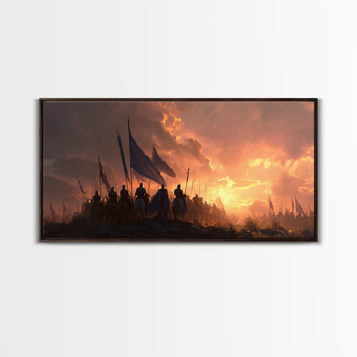 Medieval Cavalry At Fiery Sunset Wall Art, Epic Fantasy Battle Canvas Print, Knight Army Landscape Art, Gift For Him, Man Cave Decor