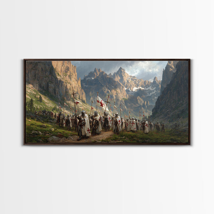 Knights In Mountain Valley Wall Art, Medieval Crusader Canvas Print, Epic Fantasy Battle Decor, Historical Artwork Gift For Him