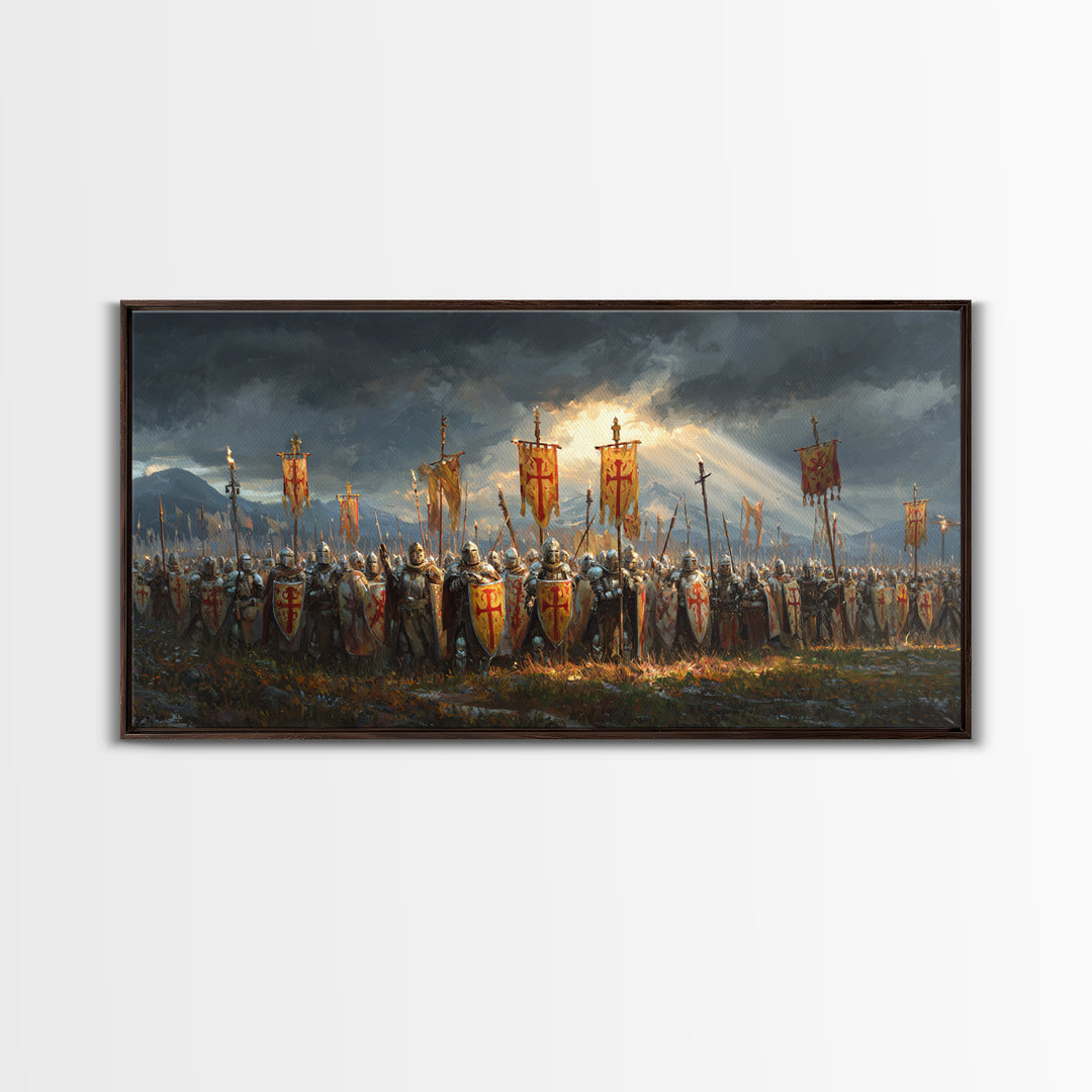 Medieval Knights Army With Red Banners Framed Canvas Print, Crusader Battle Wall Art, Historical Fantasy Decor Gift For Him