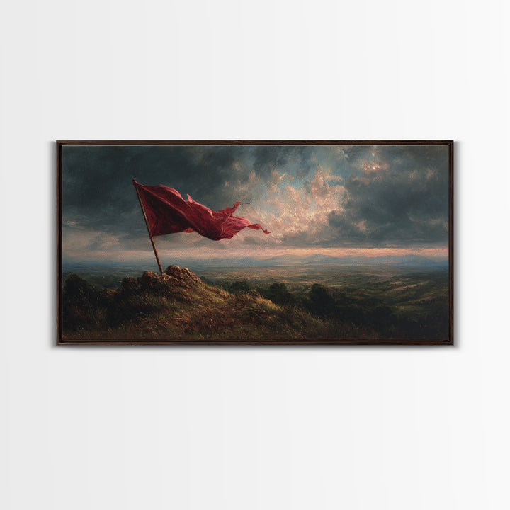 Red Flag Stormy Mountain Canvas Print, Dramatic Landscape Wall Art, Moody Rustic Decor, Patriotic Banner Art Print Gift For Him