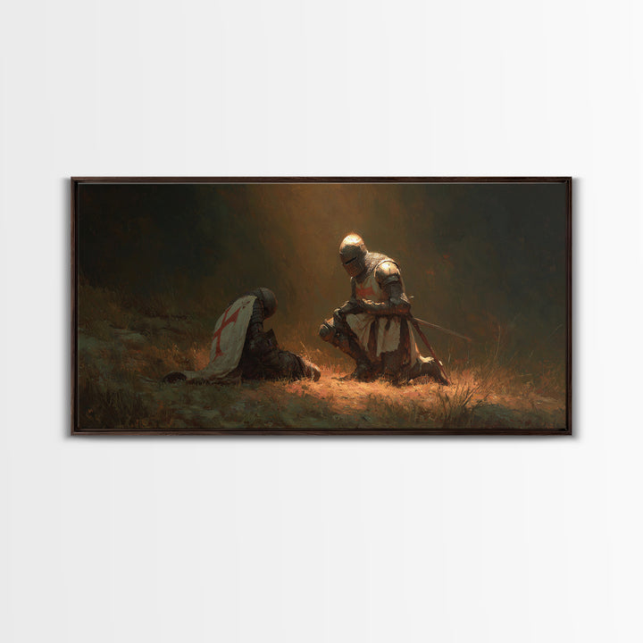 Kneeling Knight Beside Fallen Comrade Wall Art, Medieval Templar Painting, Chivalry Decor, Historical Canvas Print, Gift For Him