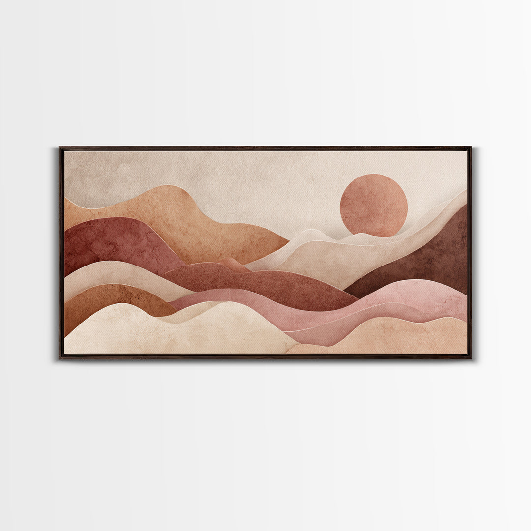 Mauve Terracotta Abstract Mountain Sun Wall Art, Wavy Desert Landscape Canvas Print, Neutral Boho Decor, Large Above Bed Art