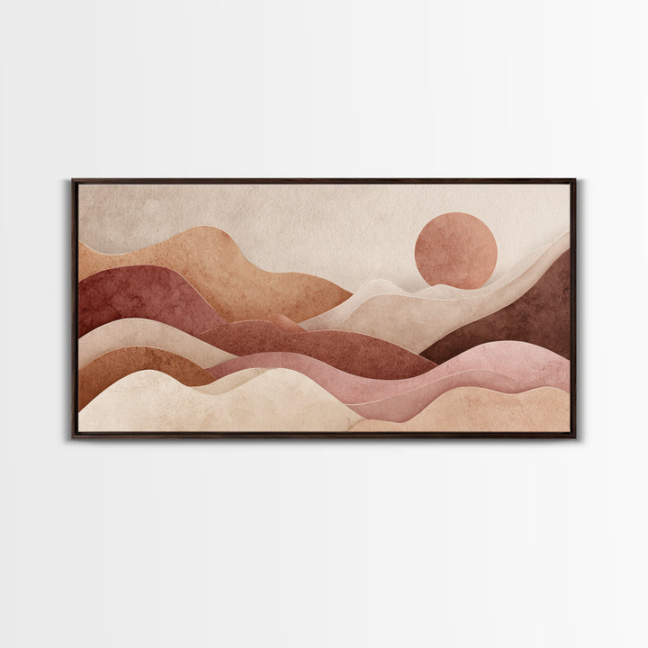 Mauve Terracotta Abstract Mountain Sun Wall Art, Wavy Desert Landscape Canvas Print, Neutral Boho Decor, Large Above Bed Art