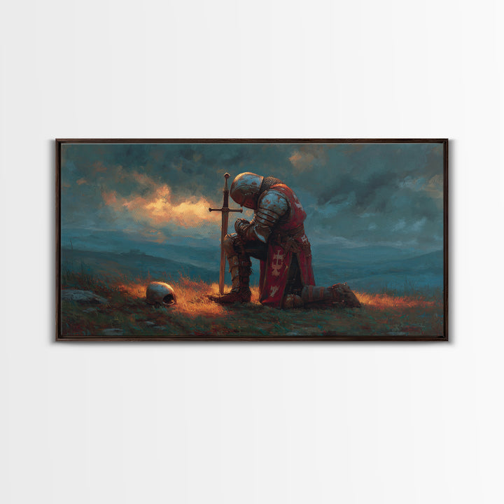 Kneeling Medieval Knight Wall Art, Moody Fantasy Framed Canvas Print, Sword And Skull Decor, Masculine Office Art Gift For Him