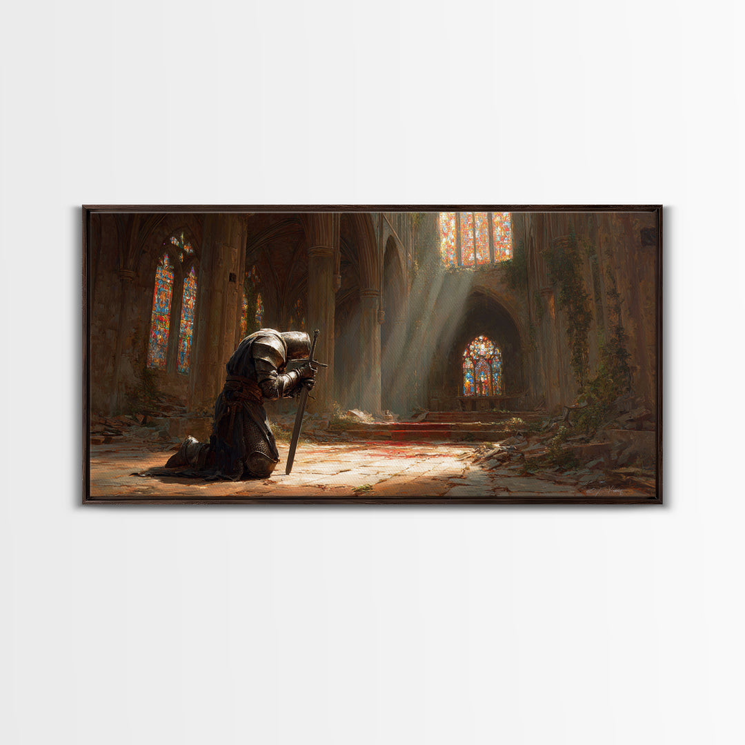 Kneeling Knight In Ruined Cathedral Wall Art, Medieval Fantasy Canvas, Stained Glass Chapel, Dark Academia Home Decor Gift