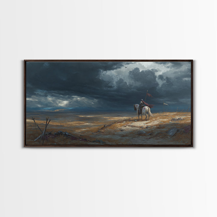 Lone Western Rider Storm Landscape Wall Art, Moody Prairie Horse Canvas, Rustic Cowboy Decor, Dramatic Frontier Print, Gift