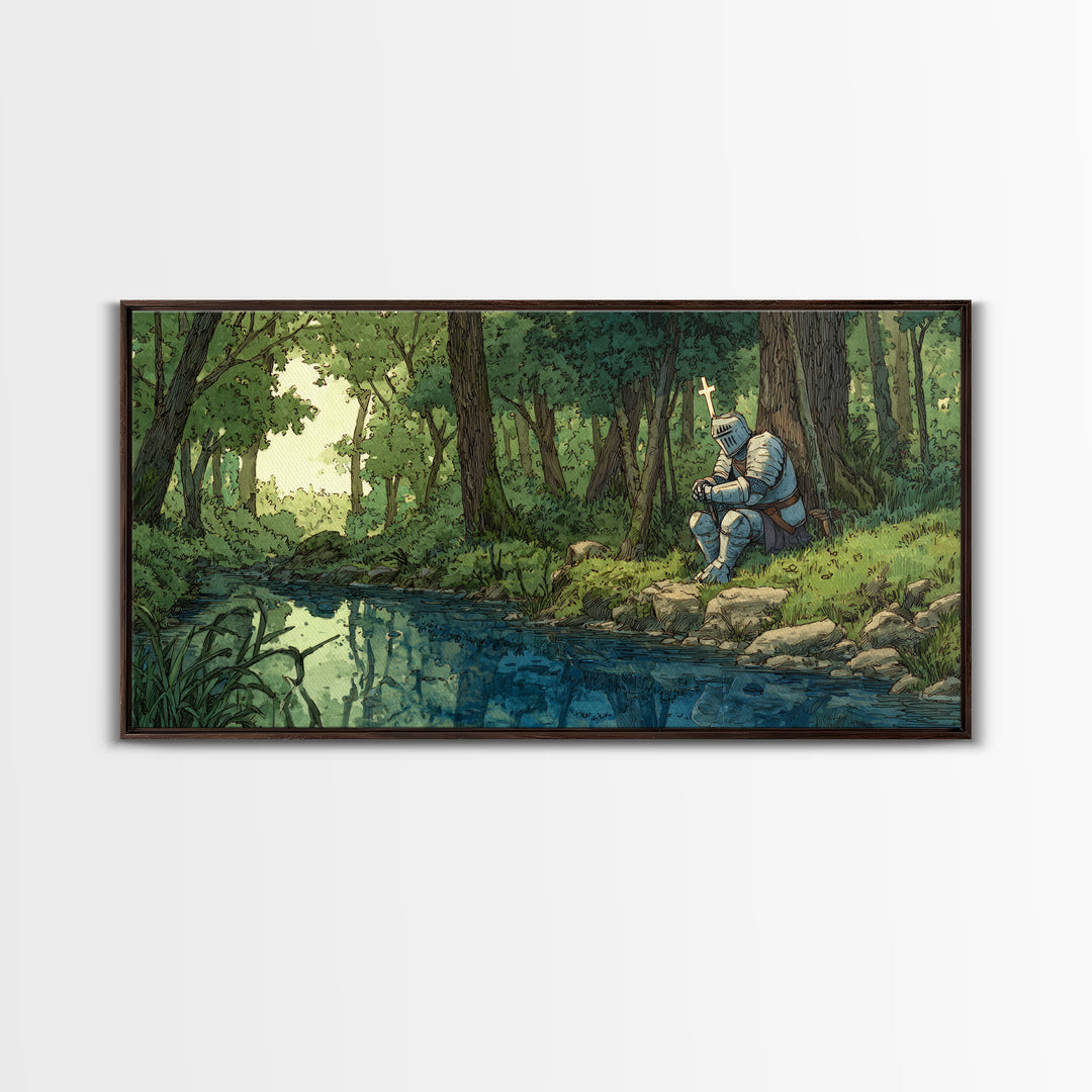 Pixel Knight Resting By Forest Stream Wall Art, Fantasy Canvas Print, Woodland Landscape, Kids Room Decor Gamer Gift For Him