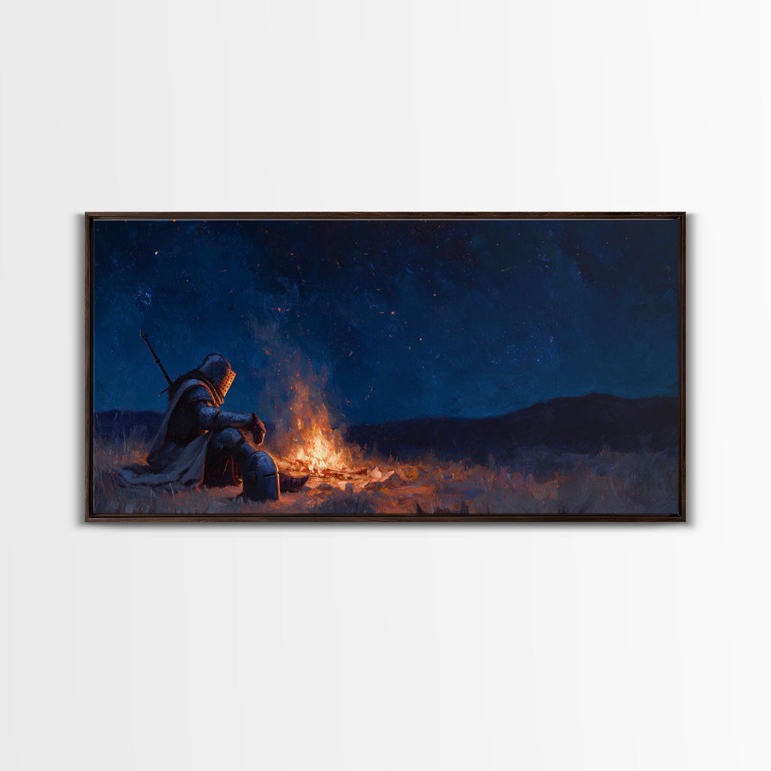 Lonely Knight Campfire Canvas Print, Dark Fantasy Wall Art, Starry Night Medieval Decor, Gaming Room Art And Gift For Him